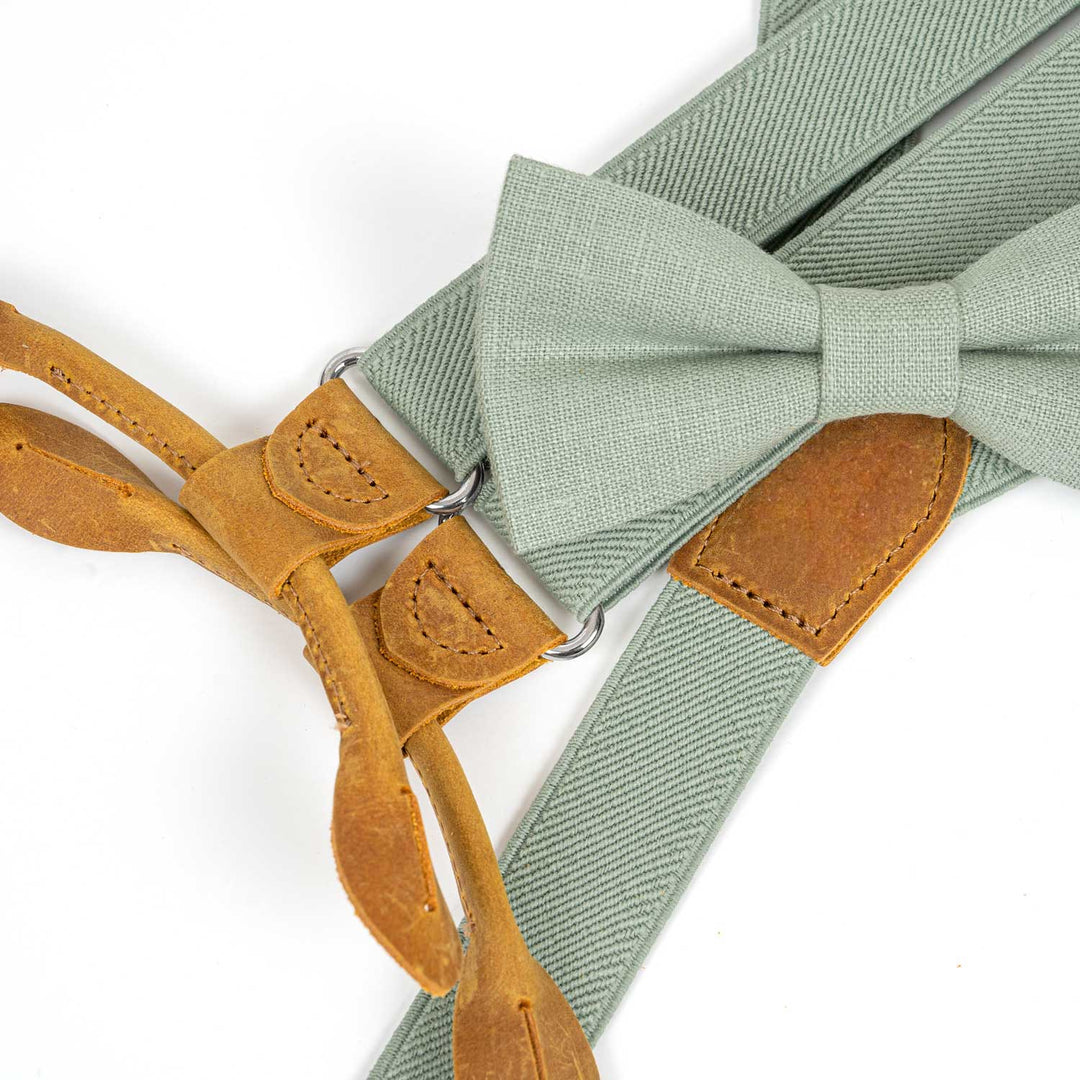 Set of elastic Y-back suspenders with buttons and matching bow tie in Sage Green