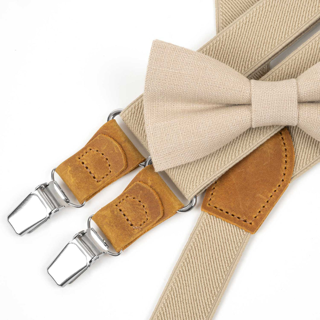 Beige Elastic Slim Suspenders & Linen Bow Tie Set | Wedding Style