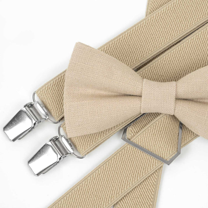 Beige Elastic Slim Suspenders & Linen Bow Tie Set | Wedding Style