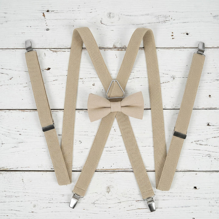 Beige Elastic Slim Suspenders & Linen Bow Tie Set | Wedding Style