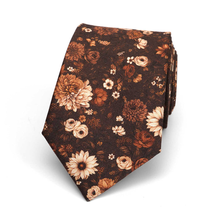 Brown Floral Cotton Satin Necktie