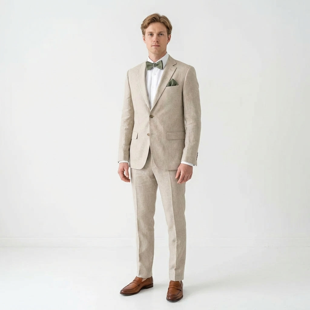 Set papillon preannodato in lino e fazzoletto da taschino