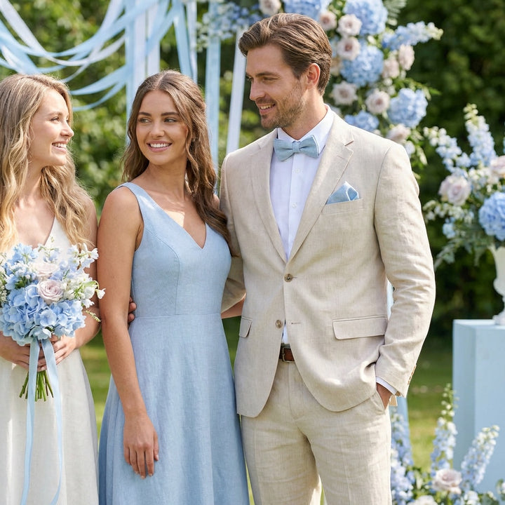 Set papillon preannodato e fazzoletto da taschino in lino azzurro pallido