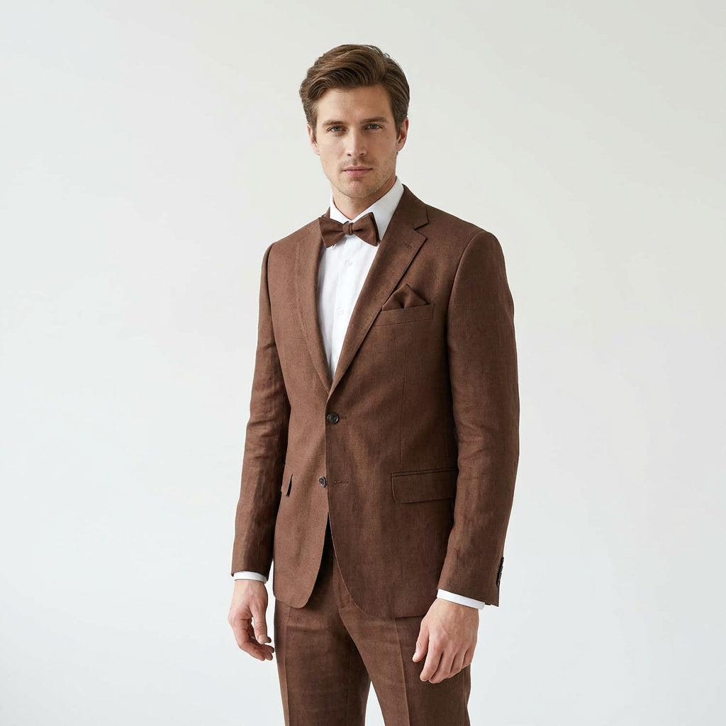 Conjunto de pajarita preanudada y pañuelo de lino terracota