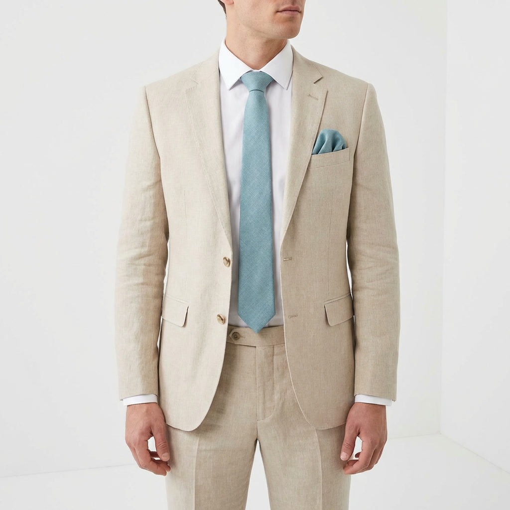 Set di cravatta e fazzoletto da taschino in lino | Blu polveroso, azzurro pallido e verde petrolio