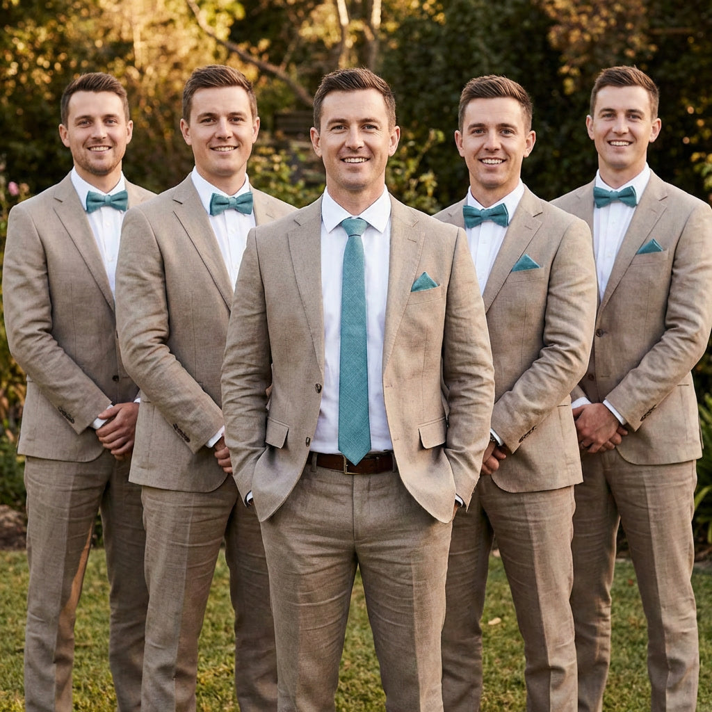 Set di cravatta e fazzoletto da taschino in lino | Blu polveroso, azzurro pallido e verde petrolio