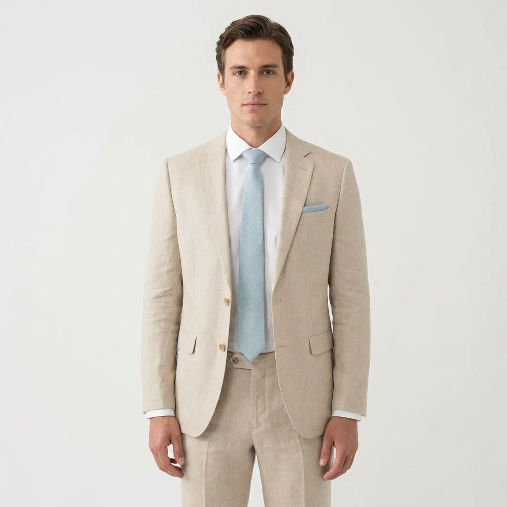 Set di cravatta e fazzoletto da taschino in lino | Blu polveroso, azzurro pallido e verde petrolio