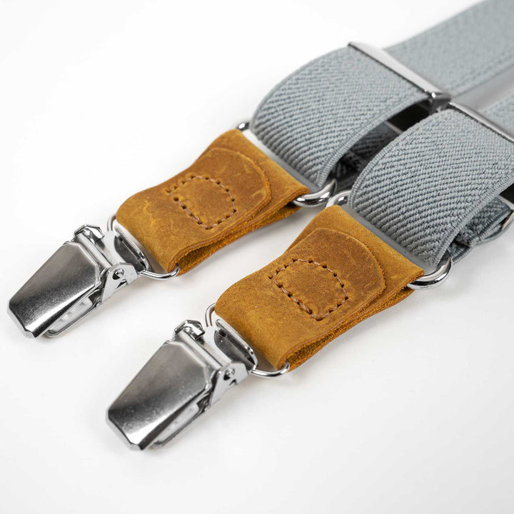 Gray Elastic Suspenders & Linen Bow Tie Set | Adult & Kids Sizes - Hemmitie