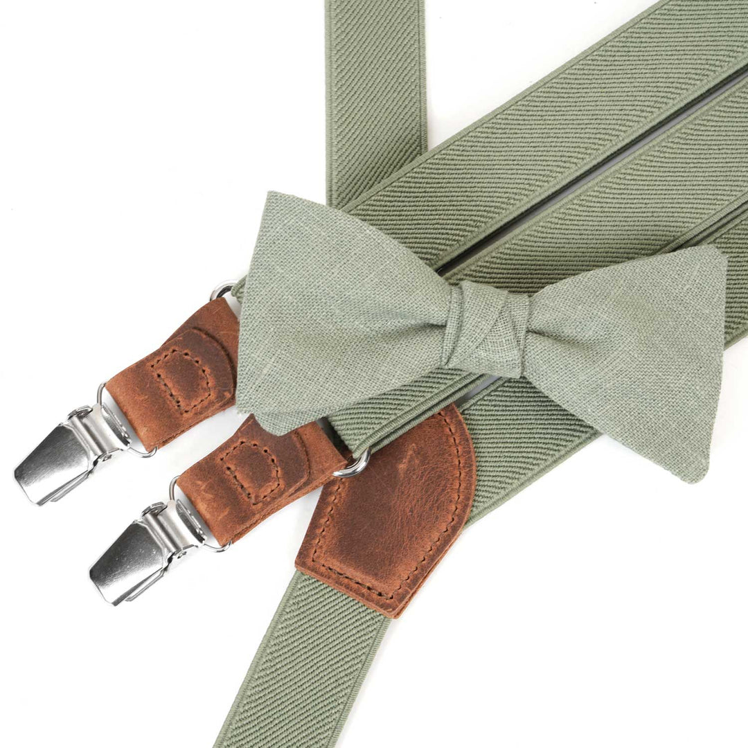 Sage Green Suspenders & Linen Bow Tie Set | 9 Sizes - Hemmitie