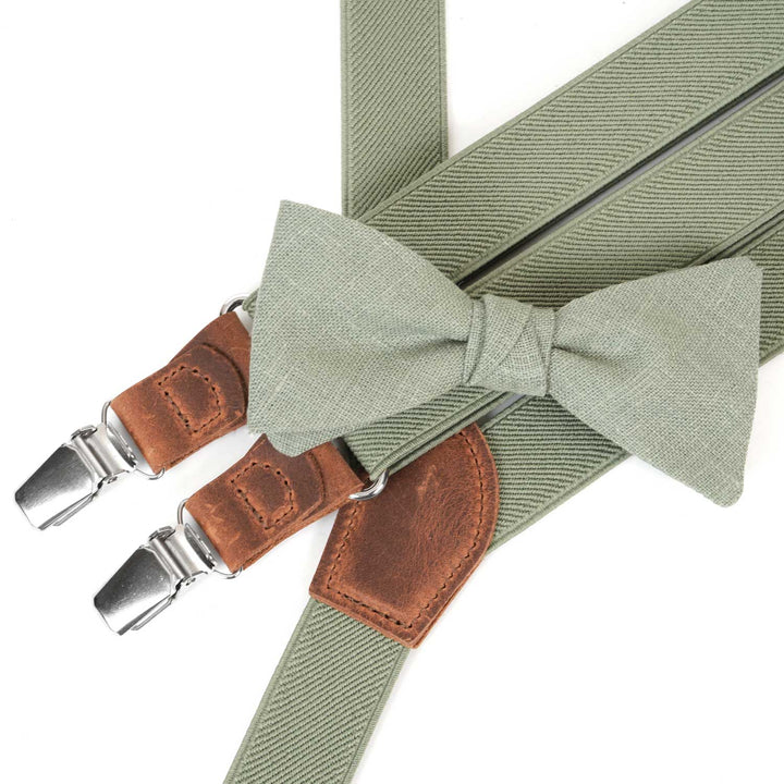 Sage Green Suspenders & Linen Bow Tie Set | 9 Sizes - Hemmitie