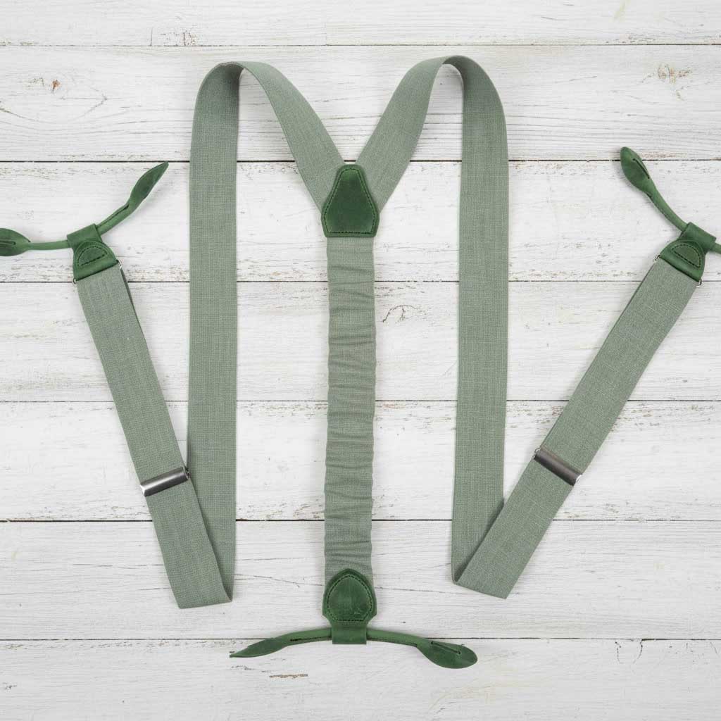 Sage Green Linen Button Suspenders | Handmade Leather Details