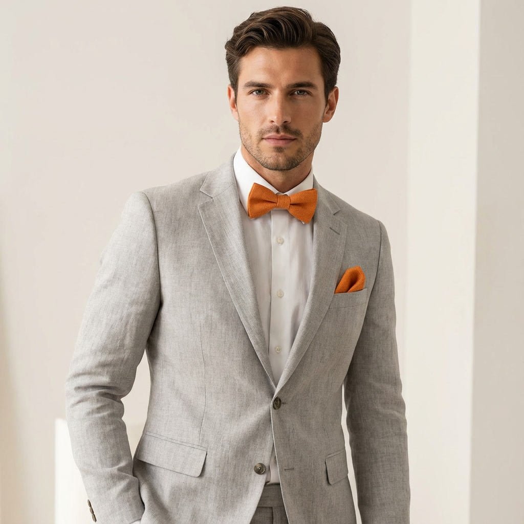 Orange Linen Bow Tie & Pocket Square Set - Hemmitie