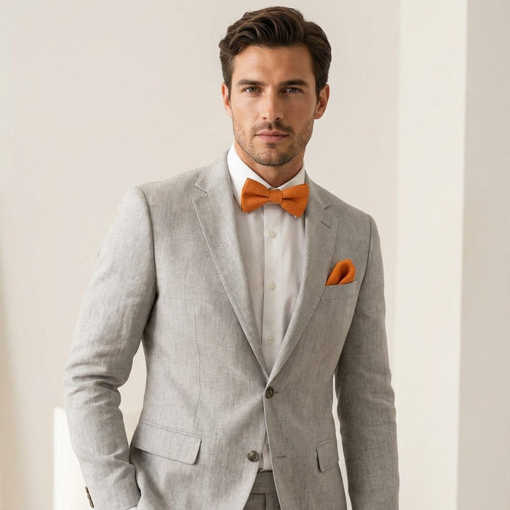 Orange Linen Bow Tie & Pocket Square Set - Hemmitie