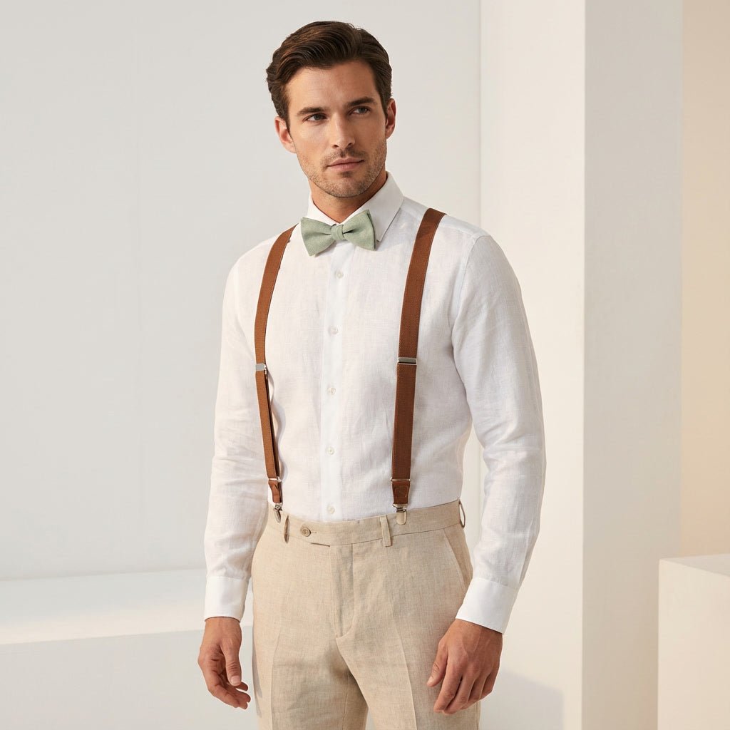 Personalized Rustic Terracotta Suspenders & Linen Bow Tie Set - Hemmitie