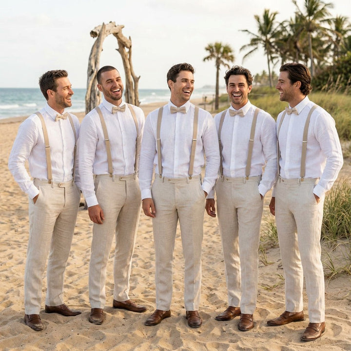 Beige Slim Suspenders & Linen Bow Tie Set - Hemmitie