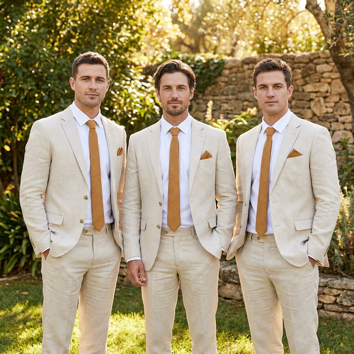 Three groomsmen wearing cinnamon brown linen neckties and matching pocket squares with beige suits for a rustic outdoor wedding.