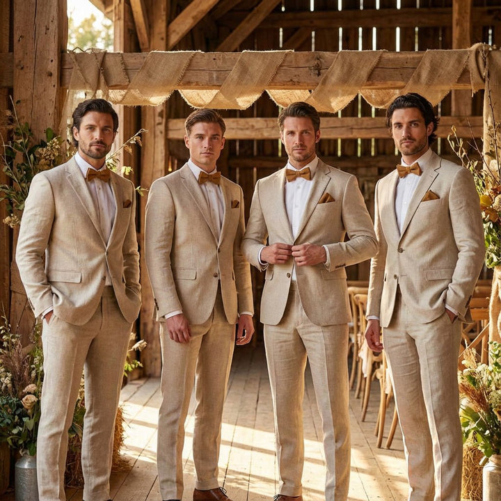 Cinnamon Yellow Linen Pre - Tied Bow Tie & Pocket Square Set - Hemmitie