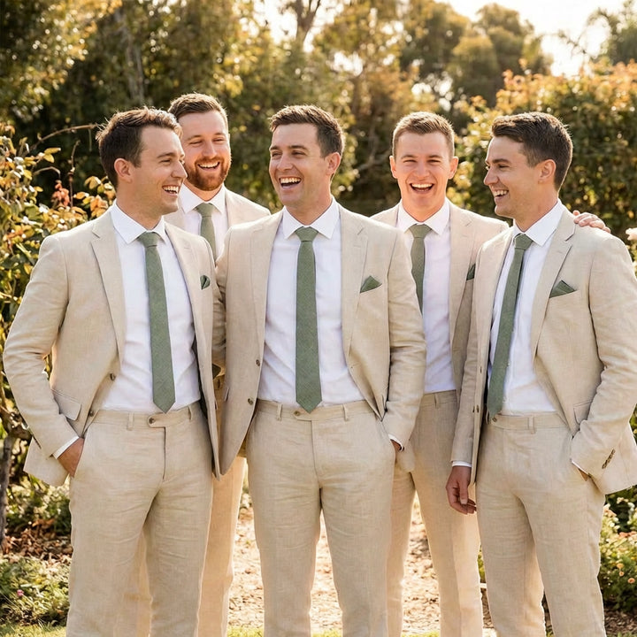 Groomsmen wearing forest army green linen neckties and matching pocket squares with beige suits for an outdoor woodland wedding.