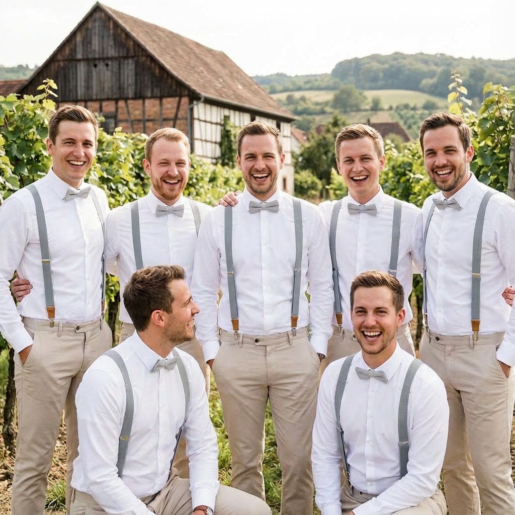 Gray Elastic Suspenders & Linen Bow Tie Set | Adult & Kids Sizes - Hemmitie