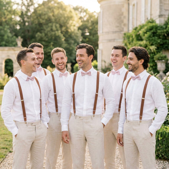 Personalized Rustic Terracotta Suspenders & Linen Bow Tie Set - Hemmitie