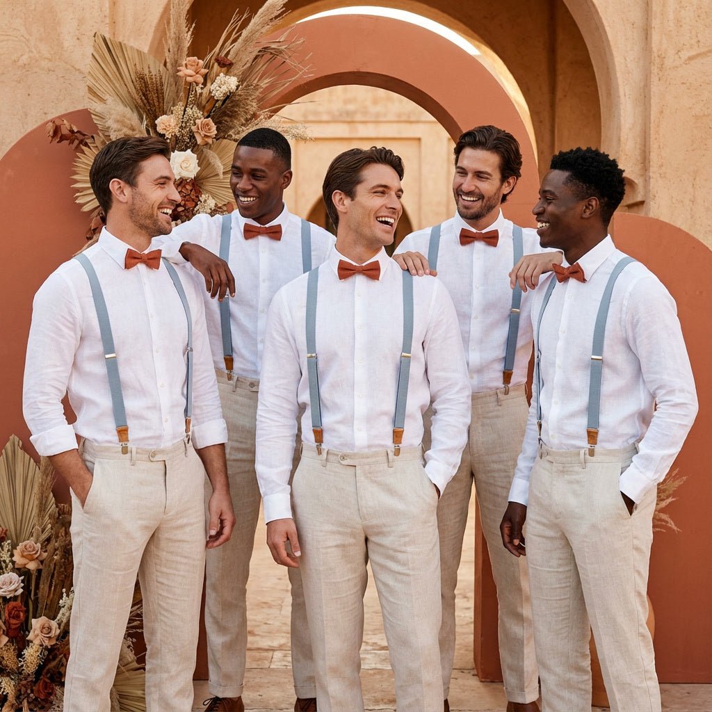 Gray Elastic Suspenders & Linen Bow Tie Set | Adult & Kids Sizes - Hemmitie