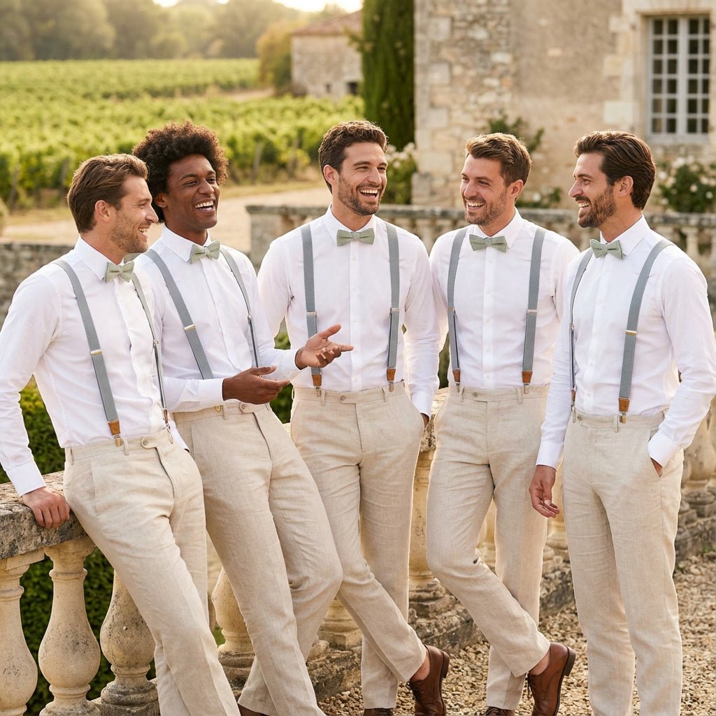 Gray Elastic Suspenders & Linen Bow Tie Set | Adult & Kids Sizes - Hemmitie