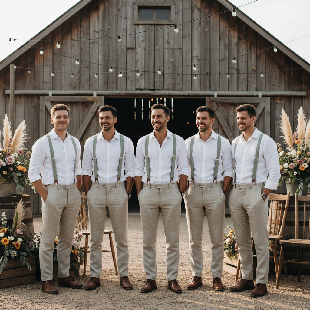 Sage Green Linen Button Suspenders | Handmade Leather Details