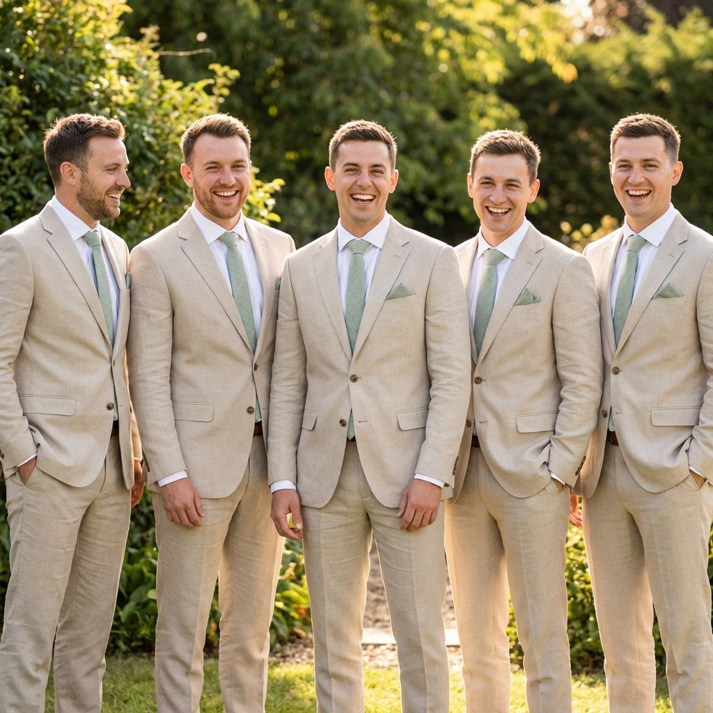 A group of five men wearing beige suits and light sage green linen neckties standing outdoors in a wedding-style setting.