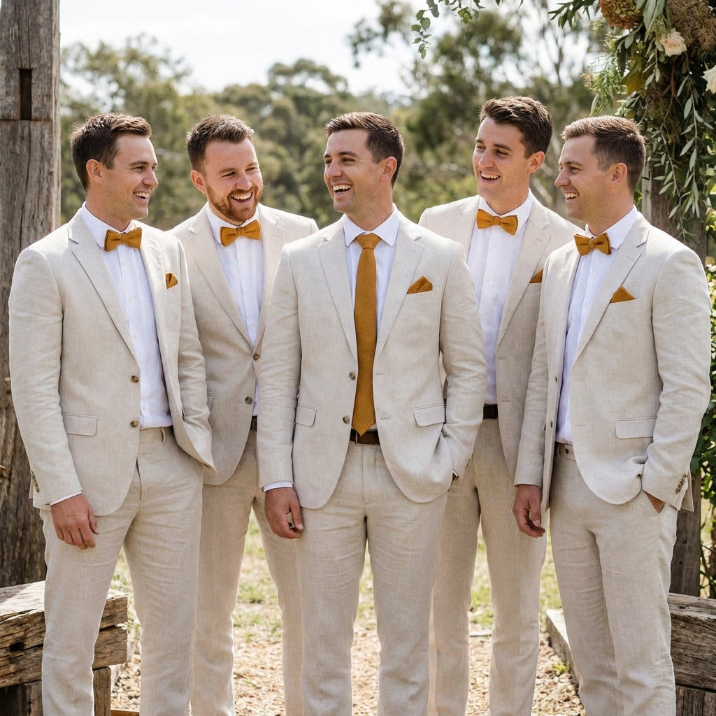 Five groomsmen wearing Hemmitie cinnamon linen bow ties and matching pocket squares with beige suits for an outdoor wedding.
