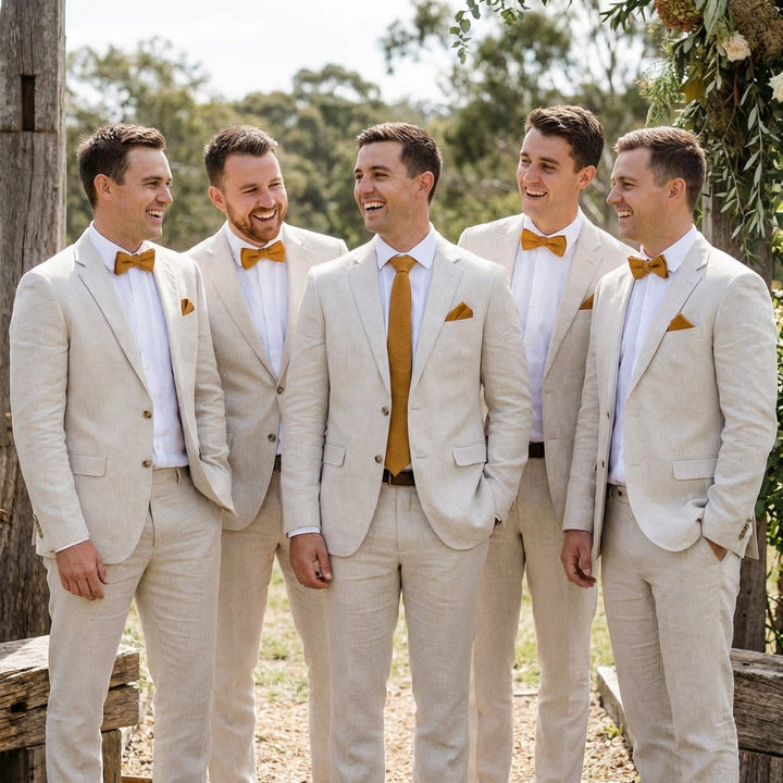Five groomsmen wearing Hemmitie cinnamon linen bow ties and matching pocket squares with beige suits for an outdoor wedding.