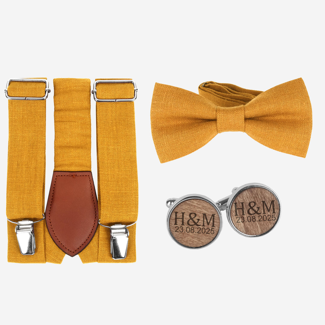 Noeud papillon , bretelles + boutons de manchette en bois