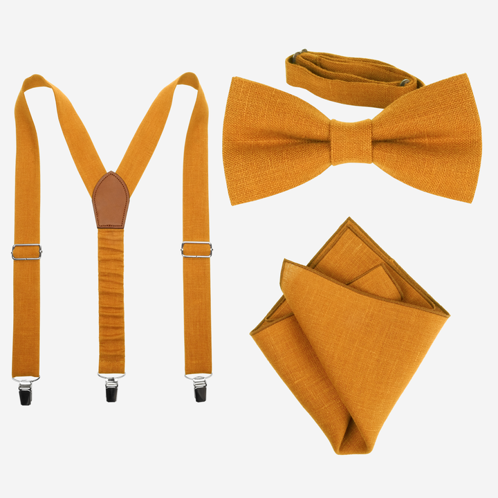 Yellow Linen Suspenders, Bow Tie, Pocket Square Set