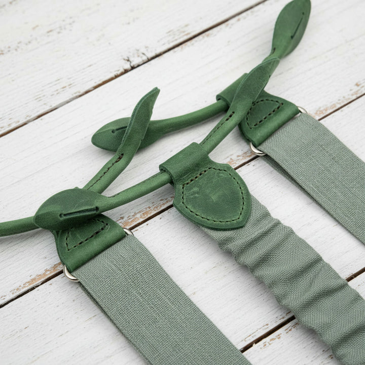 Sage Green Linen Button Suspenders | Handmade Leather Details