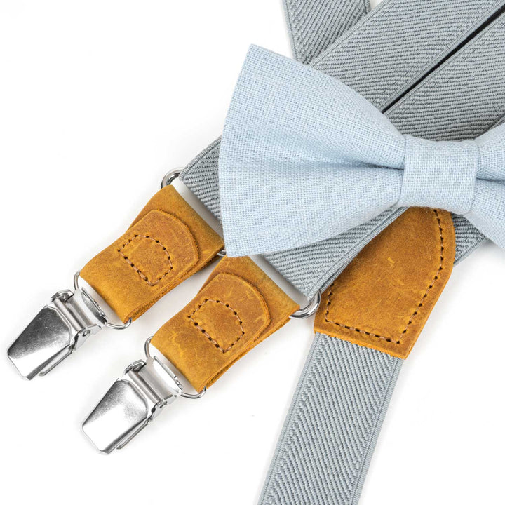 Gray Elastic Suspenders & Linen Bow Tie Set | Adult & Kids Sizes - Hemmitie