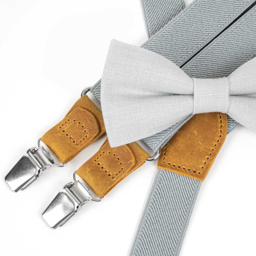 Gray Elastic Suspenders & Linen Bow Tie Set | Adult & Kids Sizes - Hemmitie