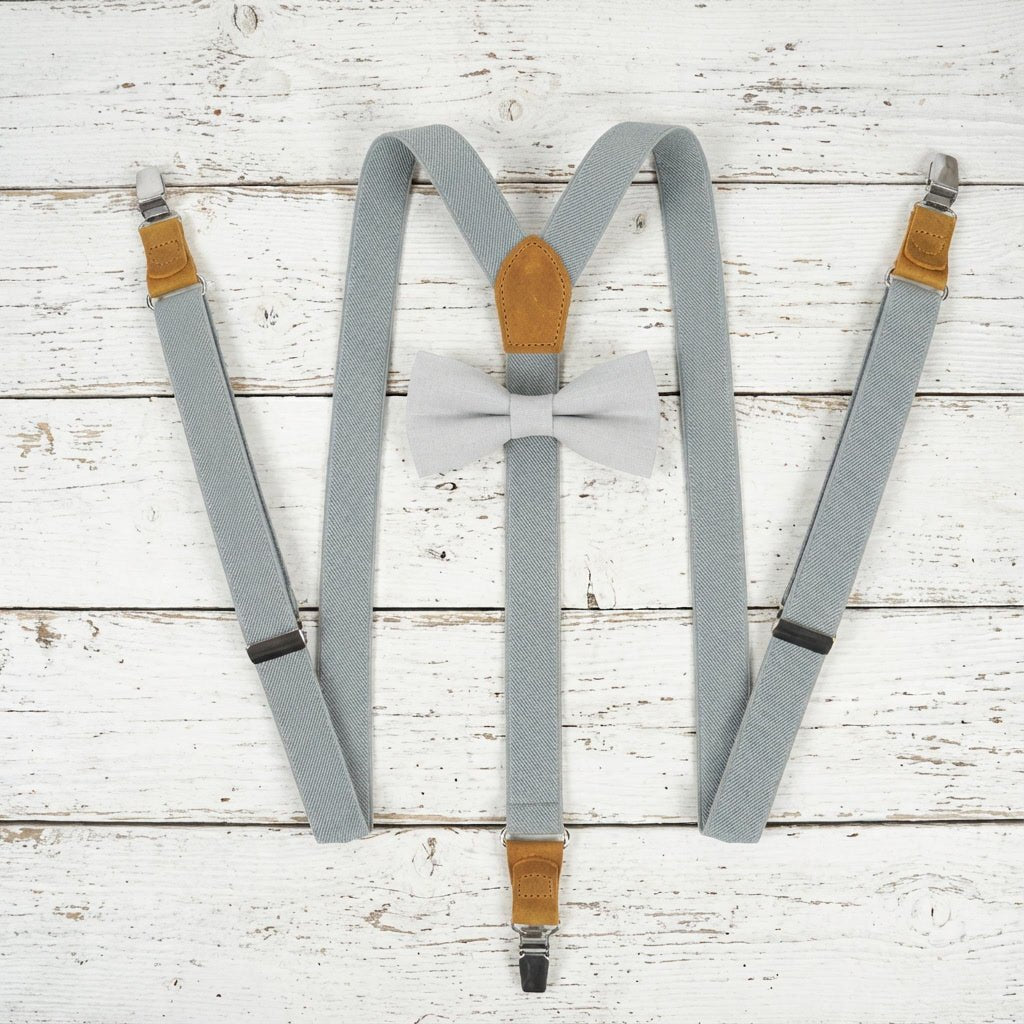 Gray Elastic Suspenders & Linen Bow Tie Set | Adult & Kids Sizes - Hemmitie