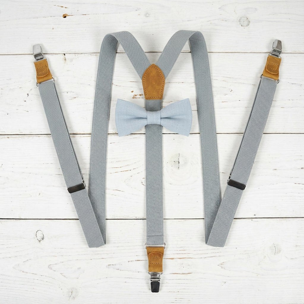 Gray Elastic Suspenders & Linen Bow Tie Set | Adult & Kids Sizes - Hemmitie