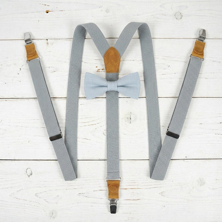 Gray Elastic Suspenders & Linen Bow Tie Set | Adult & Kids Sizes - Hemmitie