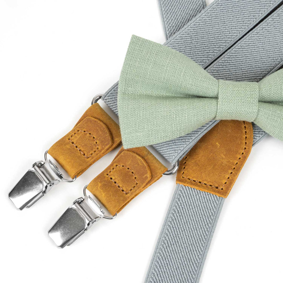 Gray Elastic Suspenders & Linen Bow Tie Set | Adult & Kids Sizes - Hemmitie