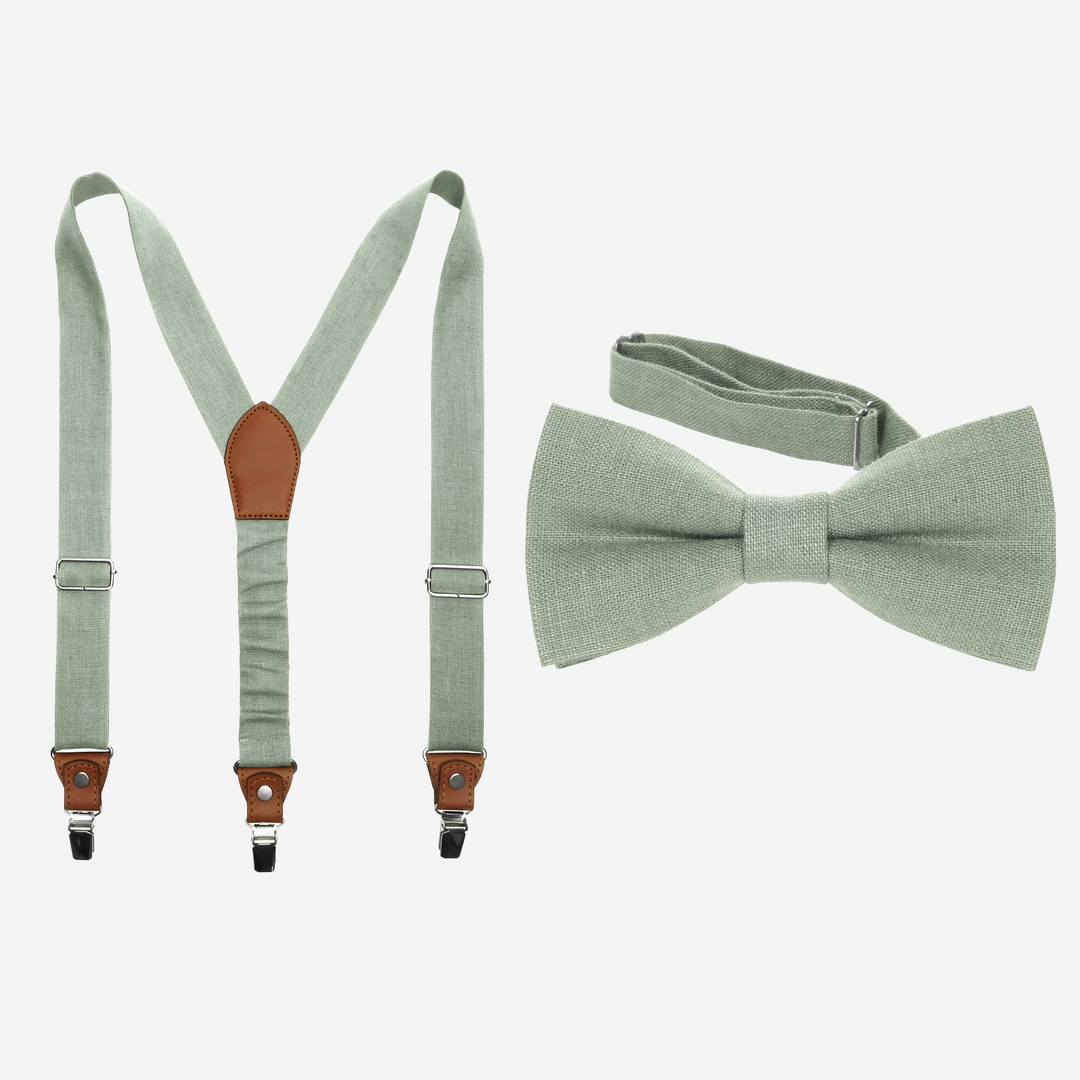 Dusty Sage Green Linen Suspenders & Bow Tie Set