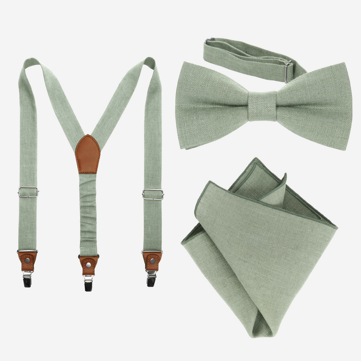 Sage Green Suspenders, Bow Tie & Pocket Square Set