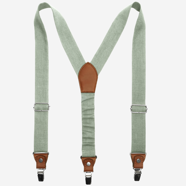 Sage Green Linen Suspenders with Natural Leather Accents