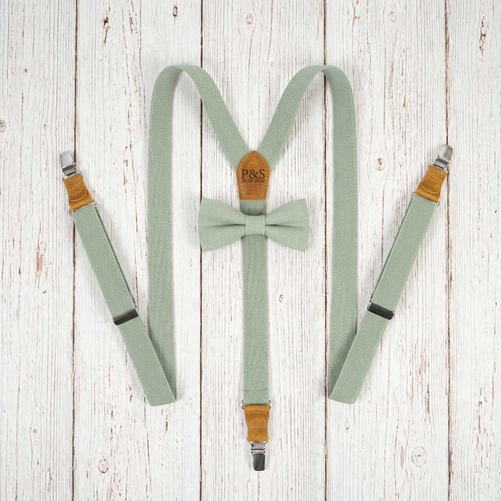 Men's Linen Bow Tie & Elastic Button Suspenders Set - Leather Detail