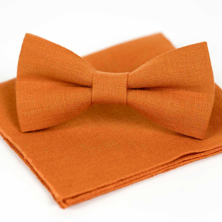 Orange Linen Bow Tie and Pocket Square Set