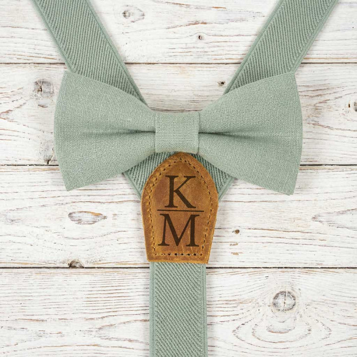 Men's Linen Bow Tie & Elastic Button Suspenders Set - Leather Detail