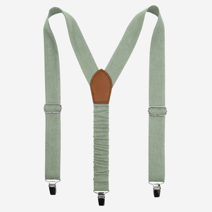 Sage Green Linen Y-Back Suspenders with Flexible Elastic Back