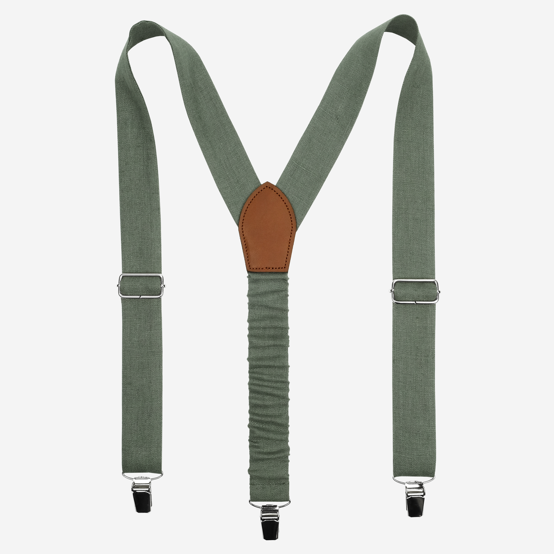 Sage Green Linen Y-Back Suspenders with Flexible Elastic Back