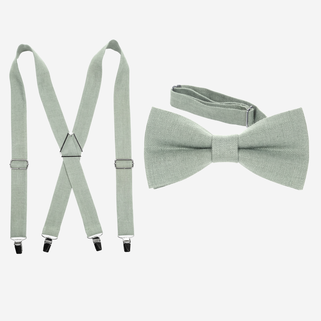 X-Back Sage Green Linen Suspenders & Bow Tie Set