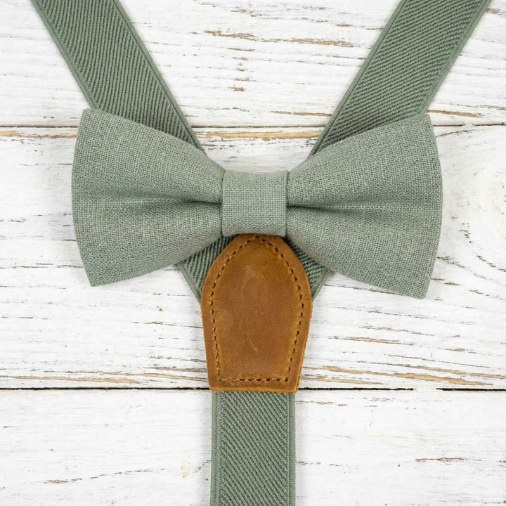 Sage Green Suspenders & Linen Bow Tie Set | 9 Sizes (Age 1–Adult)