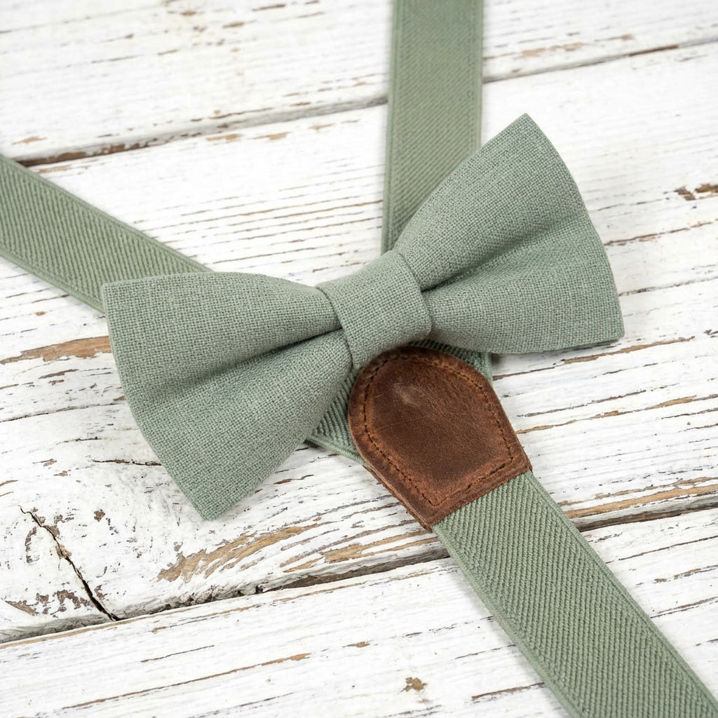 Sage Green Suspenders & Linen Bow Tie Set | 9 Sizes (Age 1–Adult)